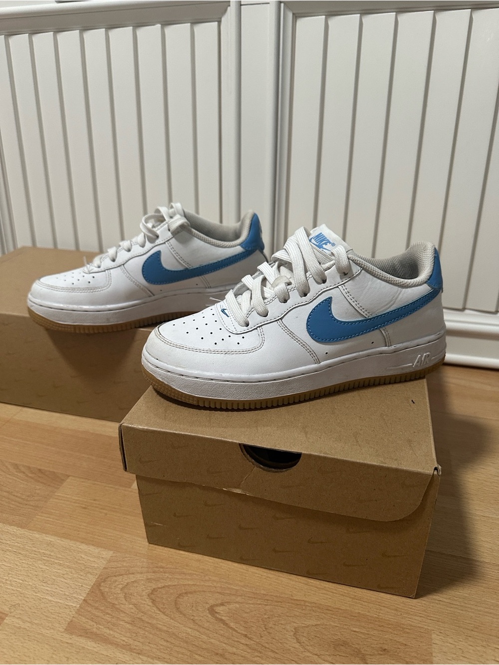 White and Blue Kids Air Force ones